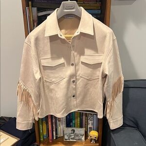 JustFab Cream Fringe Jacket